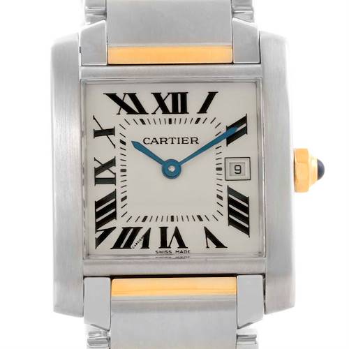 This image shows a close-up of the dial, bezel, and part of the bracelet of the Cartier Tank Francaise W51012Q4 Women's Steel and Gold (two tone) Silver Dial W51012Q4 Women's Steel and Gold (two tone) Silver Dial watch.