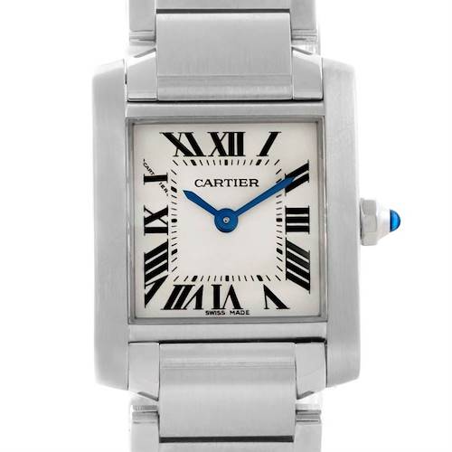 The image shows a front view of a Cartier Tank Francaise W51008Q3 Women's Stainless Steel Silver Dial W51008Q3 Women's Stainless Steel Silver Dial watch, displaying the face, case, bezel, and part of the bracelet.