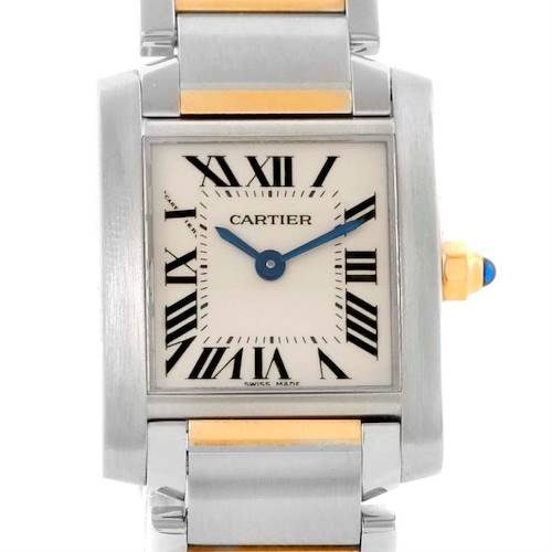 The image shows a frontal view of a Cartier Tank Française watch, highlighting its dial, Roman numerals, and bracelet.