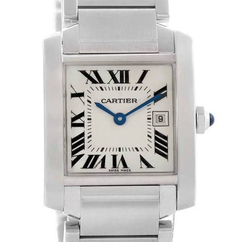 This image shows a Cartier Tank Francaise W51011Q3 Women's Stainless Steel White Dial W51011Q3 Women's Stainless Steel White Dial watch from a front angle, highlighting its dial, Roman numerals, and metal bracelet.
