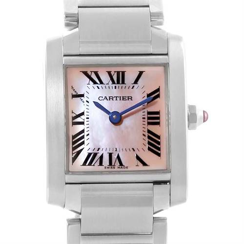 This image shows a close-up, front view of the Cartier Tank Francaise W51028Q3 Women's Stainless Steel Mother of Pearl Dial W51028Q3 Women's Stainless Steel Mother of Pearl Dial watch, highlighting its dial and part of its band.