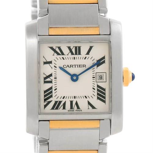 The image shows a front view of a Cartier Tank Francaise W51012Q4 Women's Steel and Gold (two tone) Silver Dial W51012Q4 Women's Steel and Gold (two tone) Silver Dial watch, highlighting its rectangular face, Roman numerals, and metal bracelet.