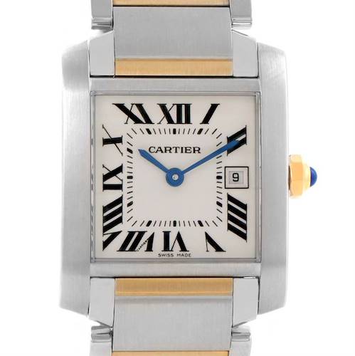 This is a front view of the Cartier Tank Francaise W51012Q4 Women's Steel and Gold (two tone) Silver Dial W51012Q4 Women's Steel and Gold (two tone) Silver Dial watch, showcasing its face, Roman numerals, and part of the bracelet.