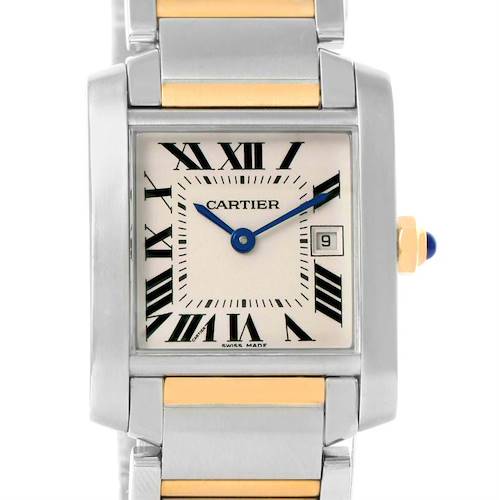 The Tank Française by Cartier is shown from the front, displaying the face, dial, crown, and part of the bicolor bracelet.