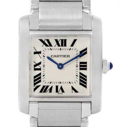 This image shows a Cartier Tank Francaise WSTA0005 Women's Stainless Steel Silver Dial WSTA0005 Women's Stainless Steel Silver Dial watch face with Roman numerals and blue hands, viewed from the front.