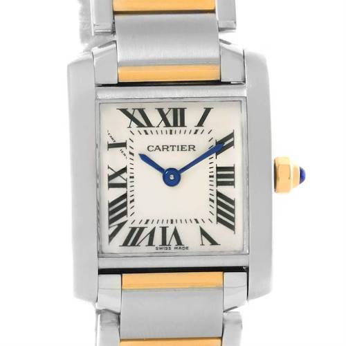 This image shows the front of a Cartier Tank Française watch, highlighting the face, Roman numerals, and part of the two-tone bracelet.
