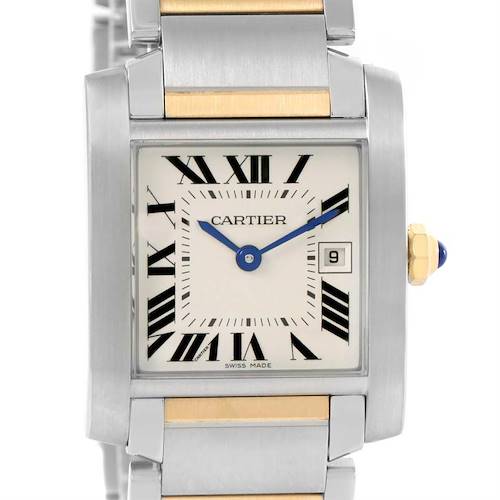 This image shows a frontal view of the Cartier Tank Française watch displaying the face, hands, and part of the bracelet.