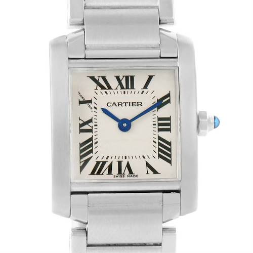The image shows a close-up frontal view of a Cartier Tank Francaise W51008Q3 Women's Stainless Steel Silver Dial W51008Q3 Women's Stainless Steel Silver Dial watch, highlighting its face, hands, and part of the bracelet.