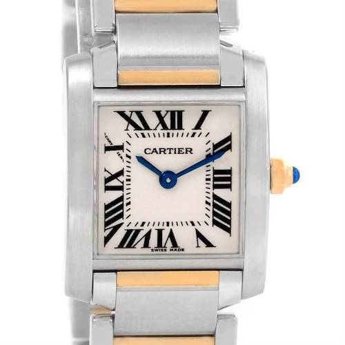 This image shows a front view of a Cartier Tank Francaise W51007Q4 Women's Steel and Gold (two tone) Silver Dial W51007Q4 Women's Steel and Gold (two tone) Silver Dial watch, highlighting its rectangular dial, Roman numerals, and metal bracelet.