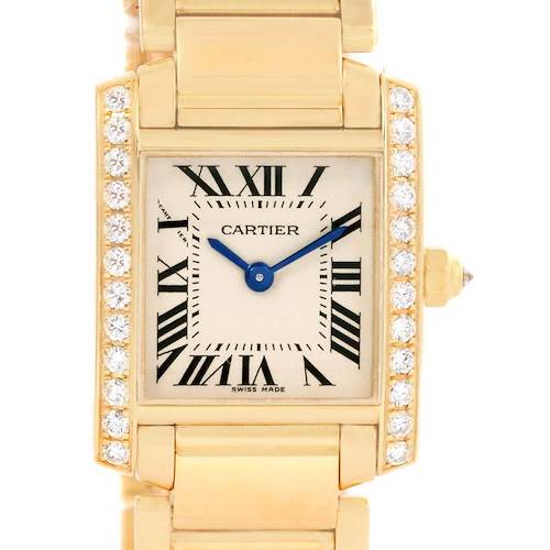 The image shows a frontal view of the Cartier Tank Francaise WE1001R8 Women's Yellow Gold Silver Dial WE1001R8 Women's Yellow Gold Silver Dial watch, focusing on its face, bezel, and part of the gold bracelet.