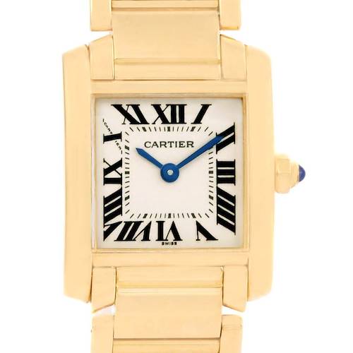The image shows a front view of the Cartier Tank Française watch highlighting its face, hands, and partial bracelet.