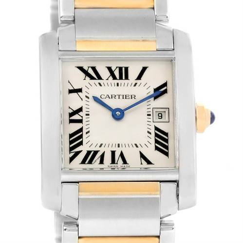 This image shows a close-up of the Cartier Tank Française watch dial and bracelet, viewed from the front.
