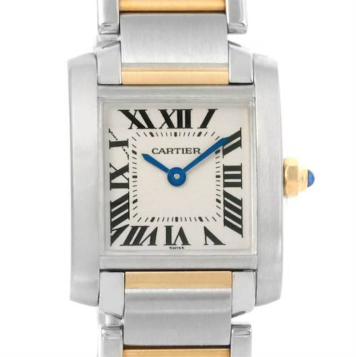 The image shows a front view of the Cartier Tank Française watch, highlighting its face, Roman numerals, and part of the metal bracelet.