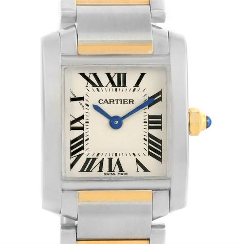 This image shows a close-up of a Cartier Tank Française watch face and part of the bracelet.