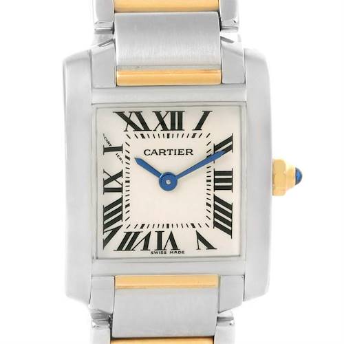This image shows a front view of a Cartier Tank Française watch, displaying its face, dial, and part of the bracelet.