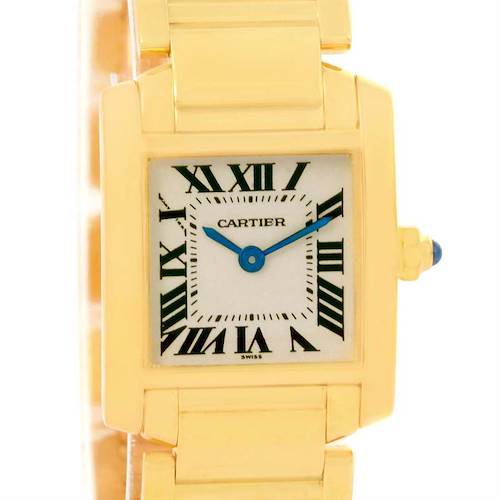 This image shows a frontal view of the Cartier Tank Francaise W50002N2 Women's Yellow Gold Silver Dial W50002N2 Women's Yellow Gold Silver Dial watch, highlighting its face, dial, and part of the bracelet.