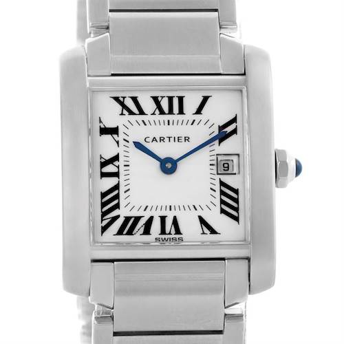 The image shows a front view of the Cartier Tank Francaise W51011Q3 Women's Stainless Steel White Dial W51011Q3 Women's Stainless Steel White Dial watch, displaying its dial, hands, date window, and part of the metal bracelet.
