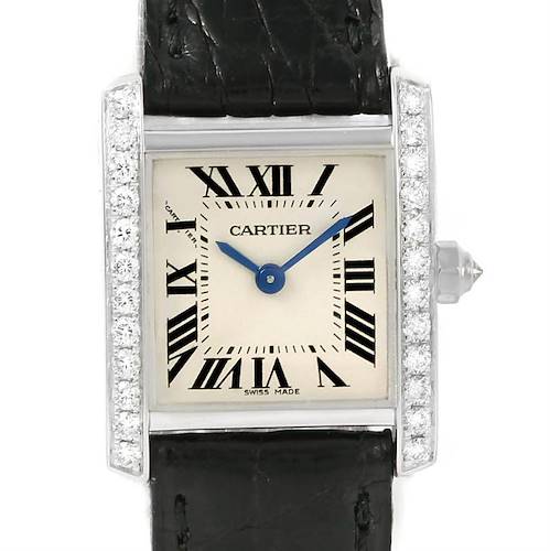 This Cartier Tank Francaise WE100231 Women's White Gold Silver Dial WE100231 Women's White Gold Silver Dial watch is shown from the front, highlighting its rectangular face, Roman numerals, and diamond-accented bezel.