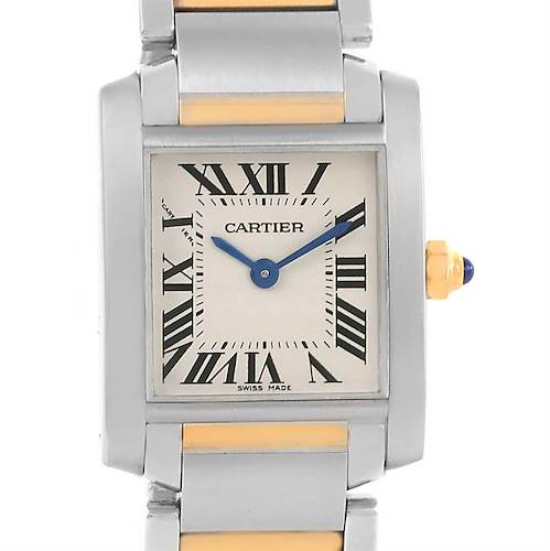 This Cartier Tank Francaise W51007Q4 Women's Steel and Gold (two tone) Silver Dial W51007Q4 Women's Steel and Gold (two tone) Silver Dial watch is shown from the front, displaying its Roman numeral dial, steel and gold bracelet, and blue hands.