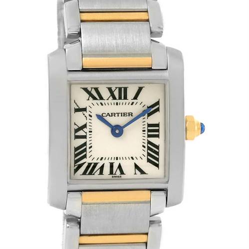 The image shows a front angle of the Cartier Tank Francaise W51007Q4 Women's Steel and Gold (two tone) Silver Dial W51007Q4 Women's Steel and Gold (two tone) Silver Dial watch, highlighting its dial, case, and part of its metal band with gold accents.