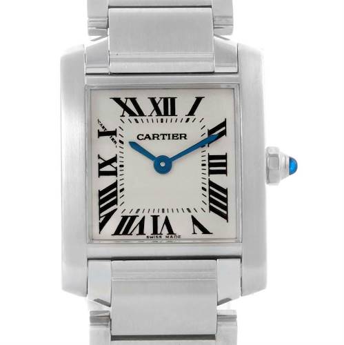 This is a front view of the Cartier Tank Francaise W51008Q3 Women's Stainless Steel Silver Dial W51008Q3 Women's Stainless Steel Silver Dial watch, showing its face, bracelet, and crown.