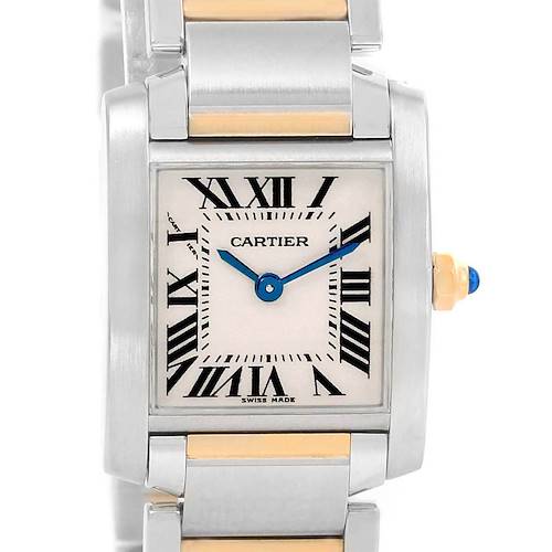 This is a close-up view of the Cartier Tank Francaise W51007Q4 Women's Steel and Gold (two tone) Silver Dial W51007Q4 Women's Steel and Gold (two tone) Silver Dial watch showing the face, hands, crown, and parts of the bracelet.