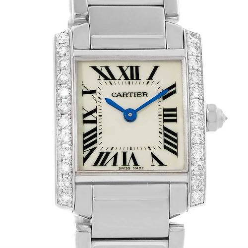 The Cartier Tank Francaise WE1002S3 Women's White Gold Silver Dial WE1002S3 Women's White Gold Silver Dial watch is shown from a front angle, displaying its dial, hands, bezel, and part of the bracelet.