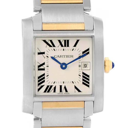 The image shows a close-up front view of a Cartier Tank Francaise W51012Q4 Women's Steel and Gold (two tone) Silver Dial W51012Q4 Women's Steel and Gold (two tone) Silver Dial watch, highlighting the face, hands, and part of the metal strap.