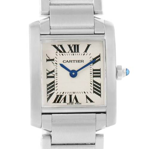 This image shows a Cartier Tank Française watch from a front angle, highlighting the dial, blue hands, and a portion of the bracelet.