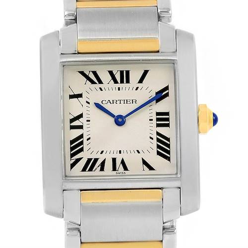 This image shows a front view of the Cartier Tank Française watch, highlighting its face, Roman numeral dial, and bracelet.