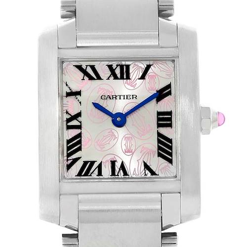 The image shows a close-up of the Cartier Tank Française watch face, revealing the roman numerals, blue hands, and part of the bracelet.