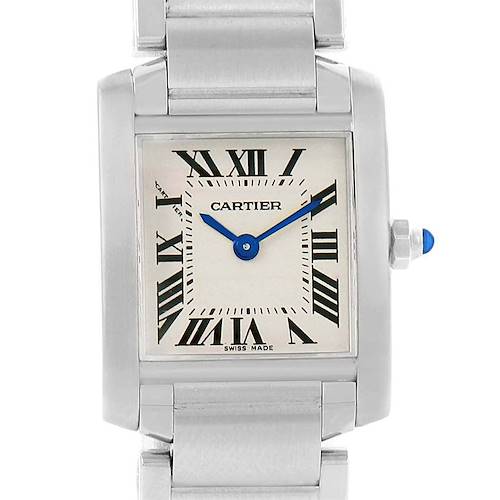 This front-facing image shows the dial and part of the bracelet of the Cartier Tank Francaise W51008Q3 Women's Stainless Steel Silver Dial W51008Q3 Women's Stainless Steel Silver Dial watch.