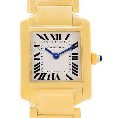 The image shows a frontal view of the Cartier Tank Française watch, highlighting its rectangular dial, Roman numerals, and gold bracelet.