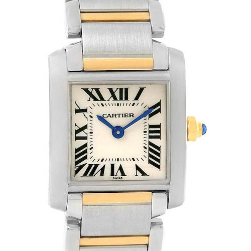 This image shows a close-up front view of the Cartier Tank Francaise W51007Q4 Women's Steel and Gold (two tone) Silver Dial W51007Q4 Women's Steel and Gold (two tone) Silver Dial watch, highlighting its dial, bracelet, and crown.