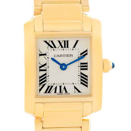 The image shows a frontal view of the Cartier Tank Française watch, highlighting its rectangular dial, Roman numerals, and bracelet.
