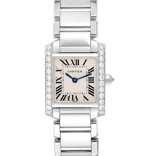 This image shows a frontal view of a Cartier Tank Francaise WE1002S3 Women's White Gold Silver Dial WE1002S3 Women's White Gold Silver Dial watch, highlighting the face, bracelet, and diamond detailing.