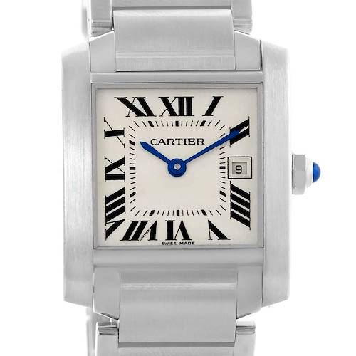 The image shows a front view of a Cartier Tank Francaise W51011Q3 Women's Stainless Steel Silver Dial W51011Q3 Women's Stainless Steel Silver Dial watch, highlighting its rectangular face, Roman numerals, and metal bracelet.