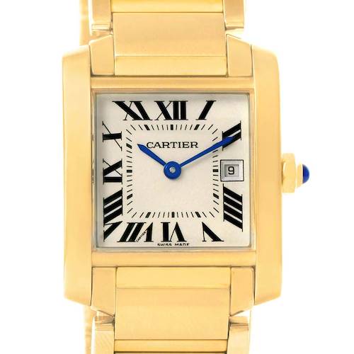 The image shows a front view of the Cartier Tank Francaise W50014N2 Women's Yellow Gold Silver Dial W50014N2 Women's Yellow Gold Silver Dial watch, displaying its rectangular case, dial, blue hands, and bracelet.