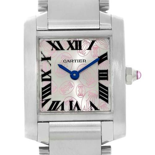 This image shows a Tank Française model watch by Cartier from a front angle, highlighting its square dial, Roman numerals, and bracelet.