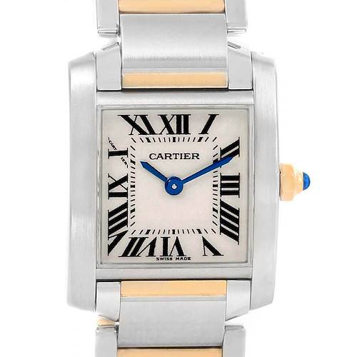 The image shows a close-up, front view of the Cartier Tank Francaise W51007Q4 Women's Steel and Gold (two tone) Silver Dial W51007Q4 Women's Steel and Gold (two tone) Silver Dial watch, highlighting the rectangular face, Roman numerals, and blue hands.