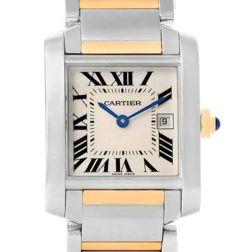 This image shows a front view of the Cartier Tank Française watch, highlighting its face, roman numeral markers, and two-tone bracelet.