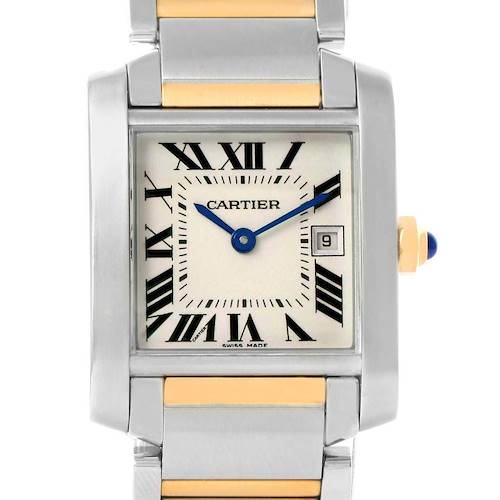 This image shows a frontal view of a Cartier Tank Française watch, displaying the face, band, and crown.