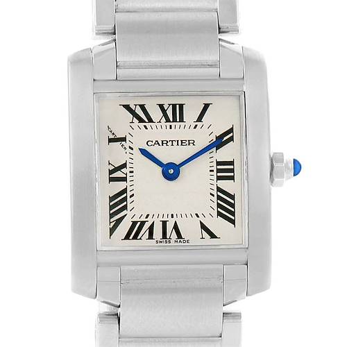 This image shows a close-up of the Cartier Tank Francaise W51008Q3 Women's Stainless Steel Silver Dial W51008Q3 Women's Stainless Steel Silver Dial watch, highlighting its rectangular face, Roman numerals, and metal bracelet.