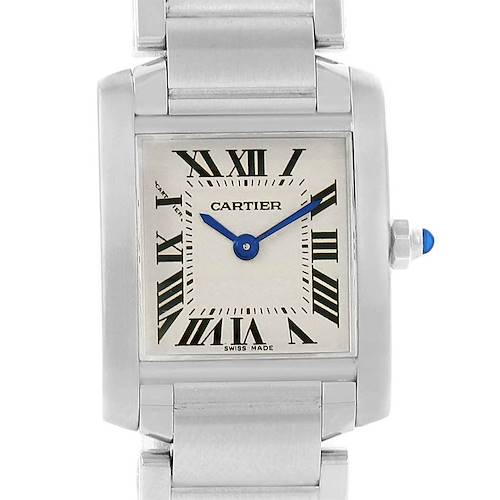 The image shows a frontal view of a Cartier Tank Française watch, highlighting its face, hands, dial, and part of its metal bracelet.