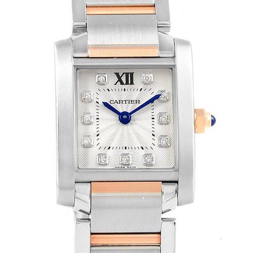 The image shows a Cartier Tank Francaise WE110004 Women's Steel and Gold (two tone) Silver Dial WE110004 Women's Steel and Gold (two tone) Silver Dial watch, focusing on its rectangular face and part of the metal bracelet.