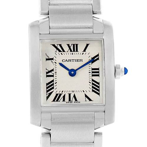 The image shows a front view of the Cartier Tank Française watch, highlighting its square face, Roman numerals, and metal bracelet.