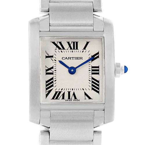 The image shows the face of a Cartier Tank Francaise W51008Q3 Women's Stainless Steel Silver Dial W51008Q3 Women's Stainless Steel Silver Dial watch, including its stainless steel bracelet, crown, and Roman numeral dial.