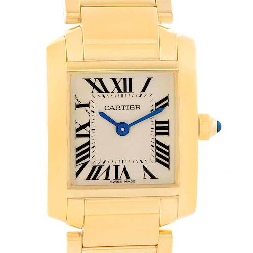 The image shows a front view of the Cartier Tank Francaise W50002N2 Women's Yellow Gold Silver Dial W50002N2 Women's Yellow Gold Silver Dial watch, highlighting the gold case, bracelet, Roman numerals, and blue hands.