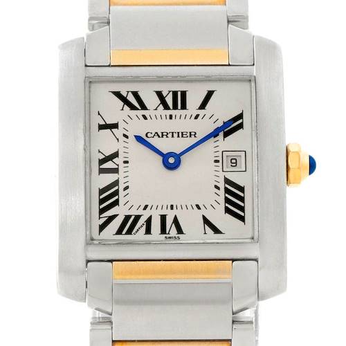 The image shows a front view of the Cartier Tank Francaise W51012Q4 Women's Steel and Gold (two tone) Silver Dial W51012Q4 Women's Steel and Gold (two tone) Silver Dial watch, displaying its face, bezel, and part of its bracelet.