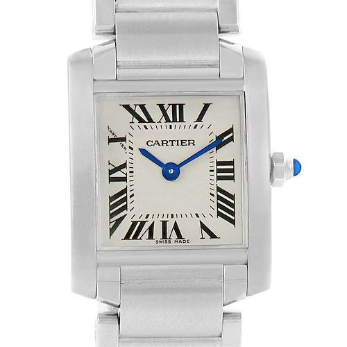 The image shows a front view of a Cartier Tank Francaise W51008Q3 Women's Stainless Steel Silver Dial W51008Q3 Women's Stainless Steel Silver Dial watch, highlighting the face, Roman numerals, and part of the bracelet.